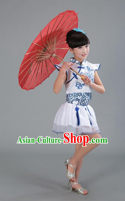 Top Grade Professional Compere Modern Dance Costume, Children Opening Dance Chorus Uniforms Blue and White Porcelain Bubble Dress for Girls