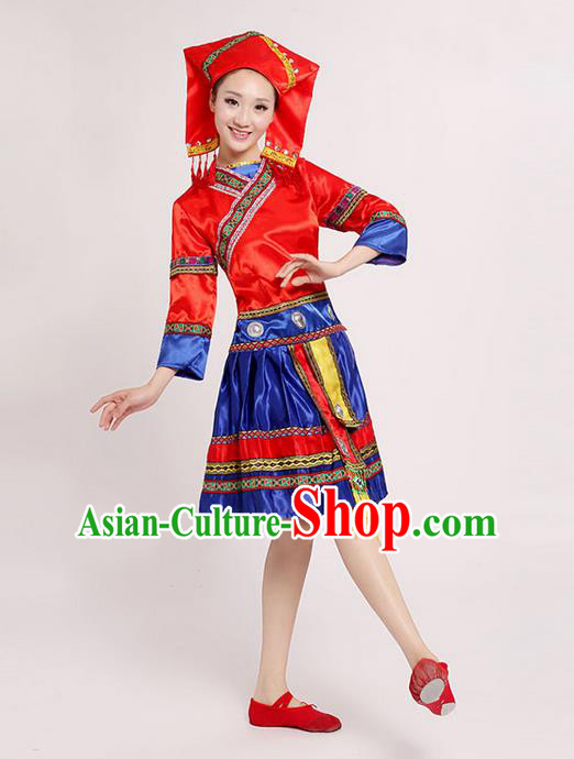 Traditional Chinese Zhuang Nationality Dancing Costume, Zhuang Zu Female Folk Dance Ethnic Pleated Skirt, Chinese Minority Nationality Embroidery Red Dress for Women