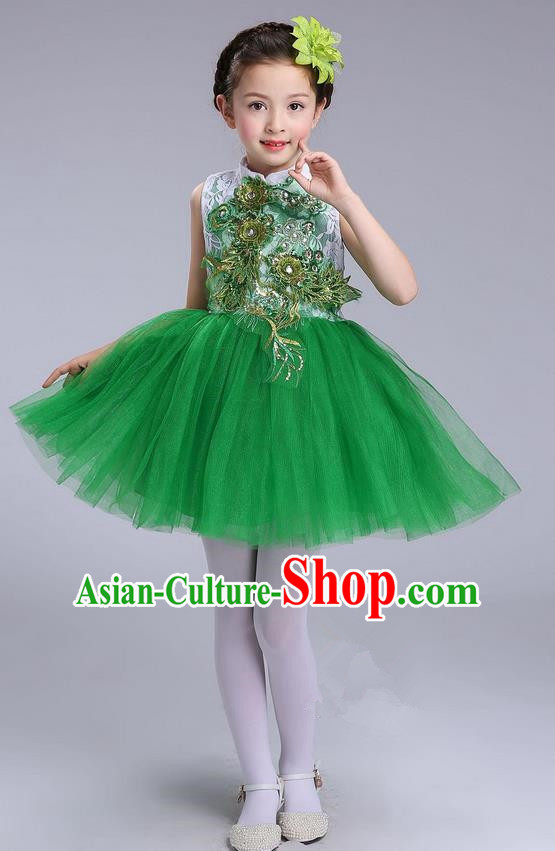 Top Grade Professional Compere Modern Dance Costume, Children Opening Dance Chorus Uniforms Green Bubble Dress for Girls