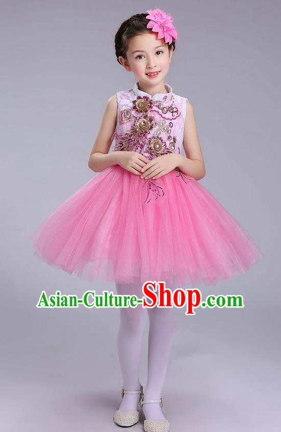 Top Grade Professional Compere Modern Dance Costume, Children Opening Dance Chorus Uniforms Pink Bubble Dress for Girls