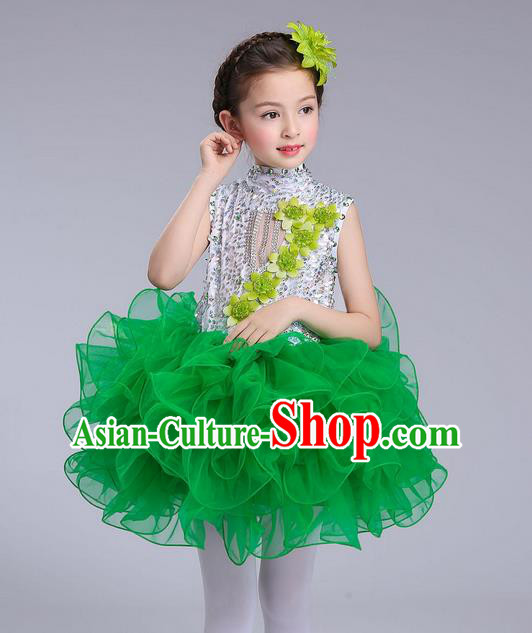 Top Grade Professional Compere Modern Dance Costume, Children Opening Dance Chorus Flowers Uniforms Princess Green Bubble Dress for Girls