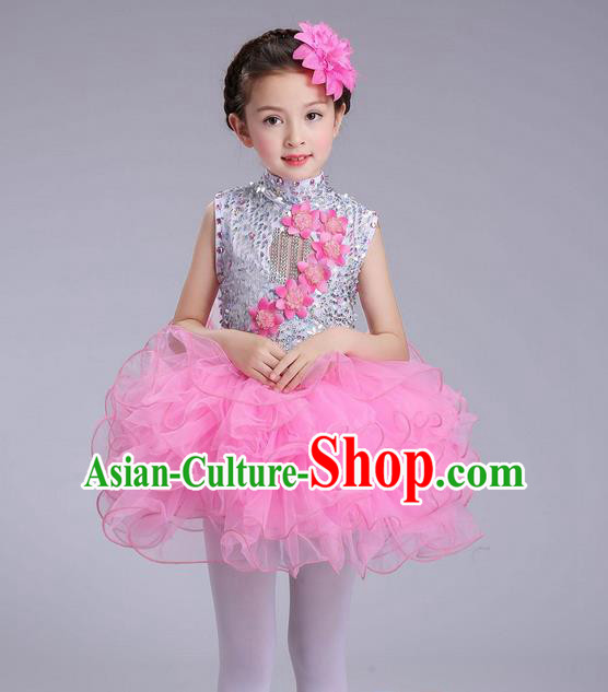 Top Grade Professional Compere Modern Dance Costume, Children Opening Dance Chorus Flowers Uniforms Princess Pink Bubble Dress for Girls