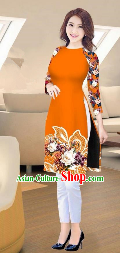 Traditional Top Grade Asian Vietnamese Costumes Classical Printing Orange Short Cheongsam, Vietnam National Vietnamese Ao Dai Dress for Women