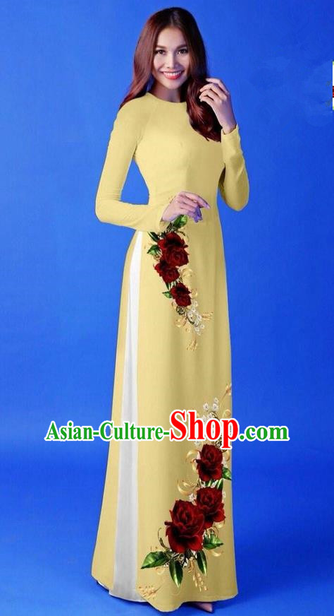 Traditional Top Grade Asian Vietnamese Costumes Classical 3D Printing Yellow Long Cheongsam, Vietnam National Vietnamese Princess Ao Dai Dress for Women