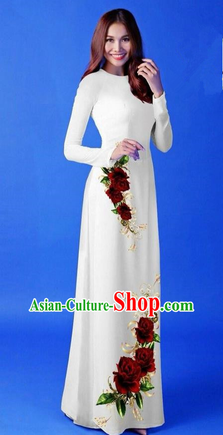 Traditional Top Grade Asian Vietnamese Costumes Classical 3D Printing White Long Cheongsam, Vietnam National Vietnamese Princess Ao Dai Dress for Women