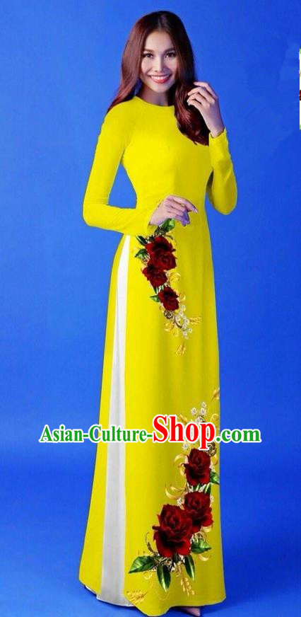 Traditional Top Grade Asian Vietnamese Costumes Classical 3D Printing Bright Yellow Long Cheongsam, Vietnam National Vietnamese Princess Ao Dai Dress for Women