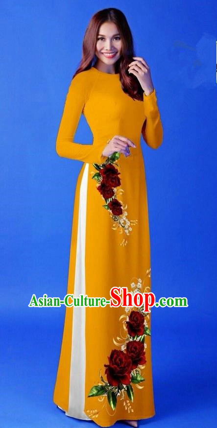 Traditional Top Grade Asian Vietnamese Costumes Classical 3D Printing Ginger Long Cheongsam, Vietnam National Vietnamese Princess Ao Dai Dress for Women