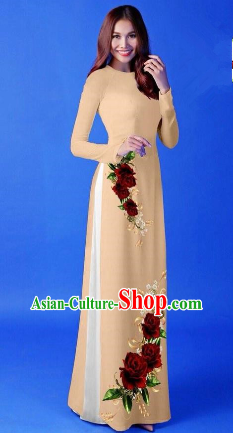 Traditional Top Grade Asian Vietnamese Costumes Classical 3D Printing Khaki Long Cheongsam, Vietnam National Vietnamese Princess Ao Dai Dress for Women