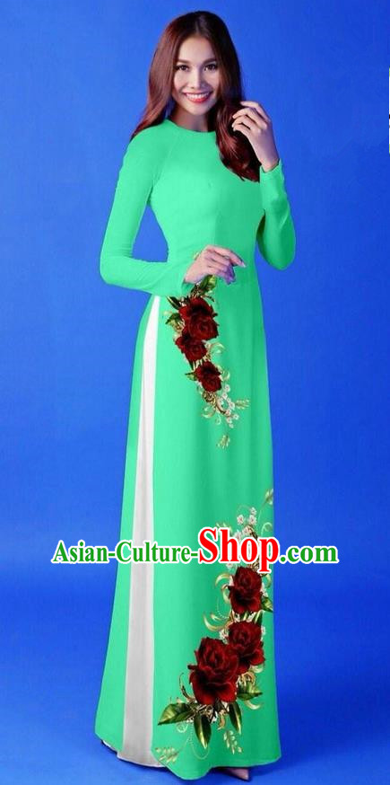 Traditional Top Grade Asian Vietnamese Costumes Classical 3D Printing Green Long Cheongsam, Vietnam National Vietnamese Princess Ao Dai Dress for Women