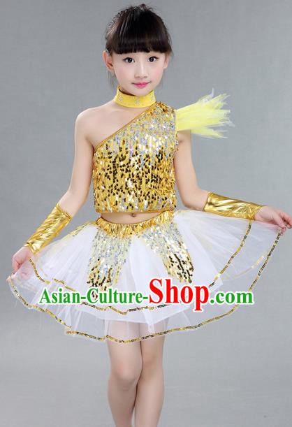 Top Grade Professional Compere Modern Dance Costume, Children Jazz Dance Latin Dance Uniforms Golden Clothing Complete Set for Girls