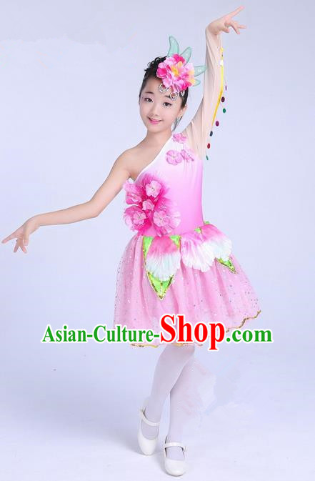 Top Grade Professional Compere Modern Dance Costume, Children Lotus Dance Folk Classical Dance Uniforms Pink Bubble Dress for Girls