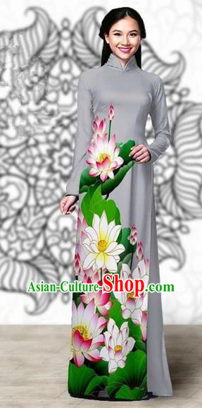 Traditional Top Grade Asian Vietnamese Costumes Classical Printing Lotus Cheongsam, Vietnam National Vietnamese Young Lady Miss Etiquette Grey Ao Dai Dress