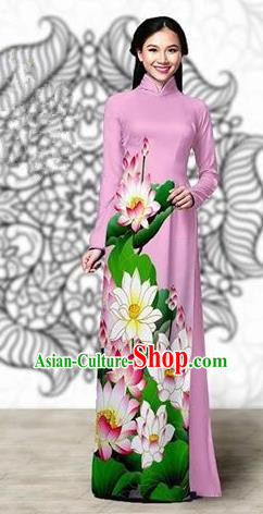 Traditional Top Grade Asian Vietnamese Costumes Classical Printing Lotus Cheongsam, Vietnam National Vietnamese Young Lady Miss Etiquette Pink Ao Dai Dress