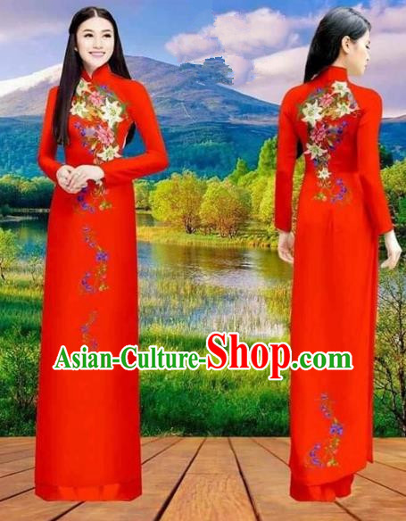 Traditional Top Grade Asian Vietnamese Costumes Classical Double-sided Printing Cheongsam, Vietnam National Vietnamese Princess Bride Red Ao Dai Dress Dance Clothing