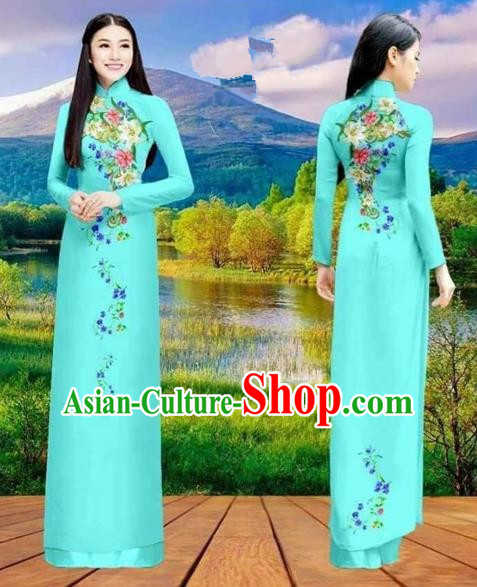 Traditional Top Grade Asian Vietnamese Costumes Classical Double-sided Printing Cheongsam, Vietnam National Vietnamese Princess Bride Blue Ao Dai Dress Dance Clothing