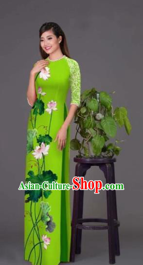 Traditional Top Grade Asian Vietnamese Costumes Classical Printing Lotus Green Cheongsam, Vietnam National Vietnamese Princess Bride Korean Silk Ao Dai Dress