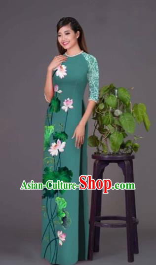 Traditional Top Grade Asian Vietnamese Costumes Classical Printing Lotus Peacock Green Cheongsam, Vietnam National Vietnamese Princess Bride Korean Silk Ao Dai Dress