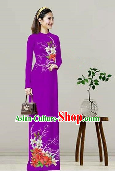 Traditional Top Grade Asian Vietnamese Costumes Classical Printing Purple Cheongsam, Vietnam National Vietnamese Bride Ao Dai Dress