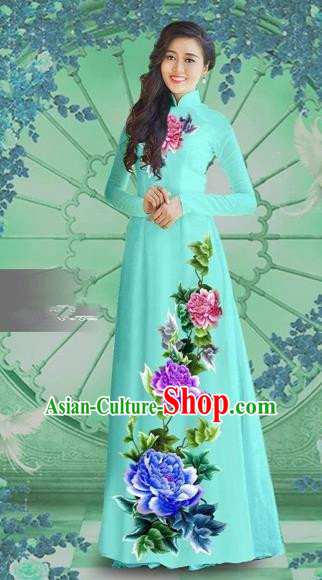 Traditional Top Grade Asian Vietnamese Costumes Classical Printing Blue Chiffon Cheongsam, Vietnam National Vietnamese Bride Ao Dai Dress