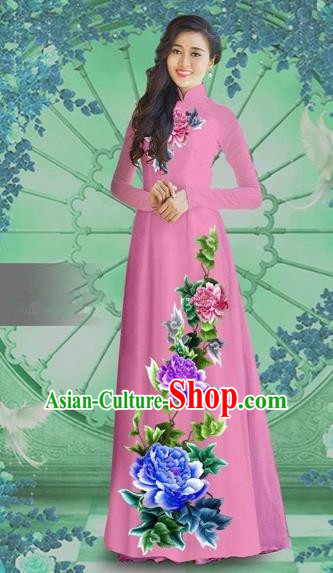 Traditional Top Grade Asian Vietnamese Costumes Classical Printing Pink Chiffon Cheongsam, Vietnam National Vietnamese Bride Ao Dai Dress