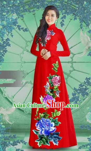 Traditional Top Grade Asian Vietnamese Costumes Classical Printing Red Chiffon Cheongsam, Vietnam National Vietnamese Bride Ao Dai Dress