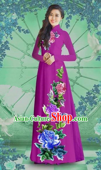 Traditional Top Grade Asian Vietnamese Costumes Classical Printing Purple Chiffon Cheongsam, Vietnam National Vietnamese Bride Ao Dai Dress