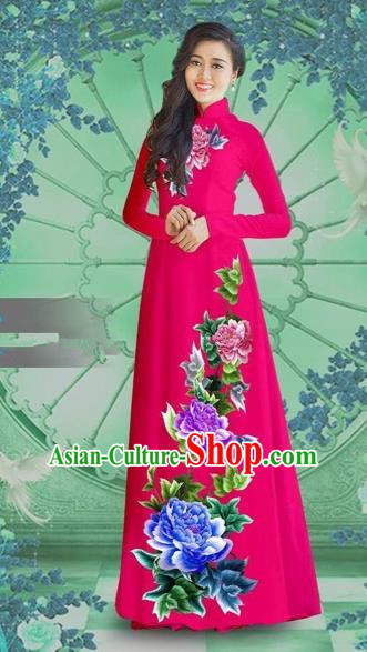 Traditional Top Grade Asian Vietnamese Costumes Classical Printing Rosy Chiffon Cheongsam, Vietnam National Vietnamese Bride Ao Dai Dress