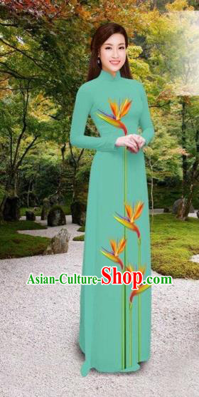 Traditional Top Grade Asian Vietnamese Costumes Classical Printing Long Cheongsam, Vietnam National Vietnamese Princess Bride Green Ao Dai Dress