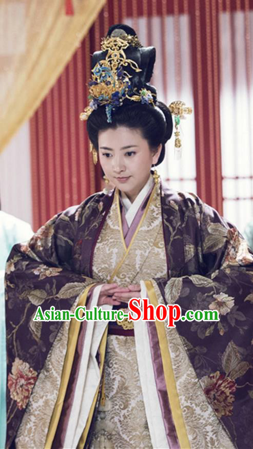 Traditional Chinese Ancient Warring States Time Imperial Empress Tailing Embroidered Costume, Song of Phoenix Queen Hanfu Clothing and Handmade Headpiece Complete Set for Women