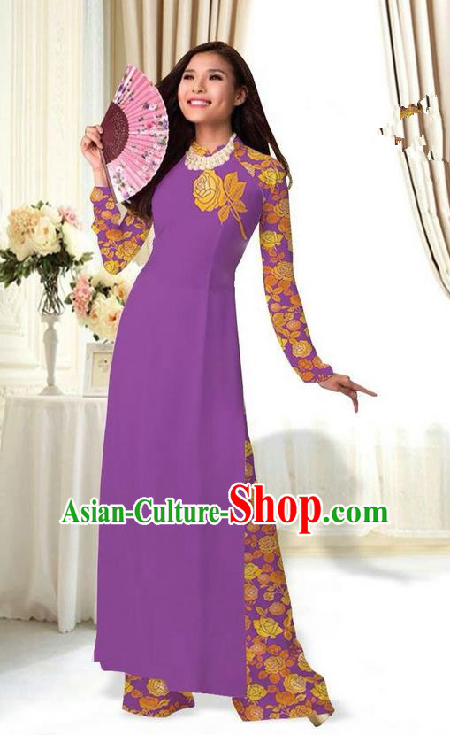 Top Grade Asian Vietnamese Costumes Classical Jing Nationality Printing Flower Purple Cheongsam, Vietnam National Vietnamese Traditional Princess Ao Dai Dress