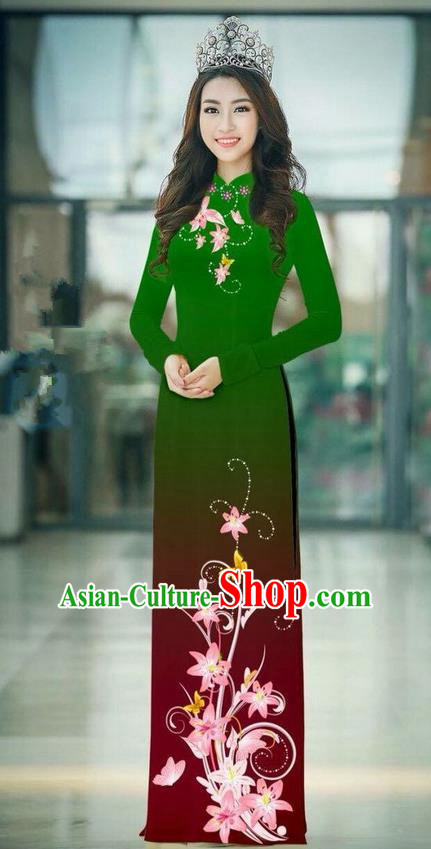 Top Grade Asian Vietnamese Costumes Classical Jing Nationality Printing Handmade Green Cheongsam, Vietnam National Vietnamese Traditional Princess Ao Dai Dress