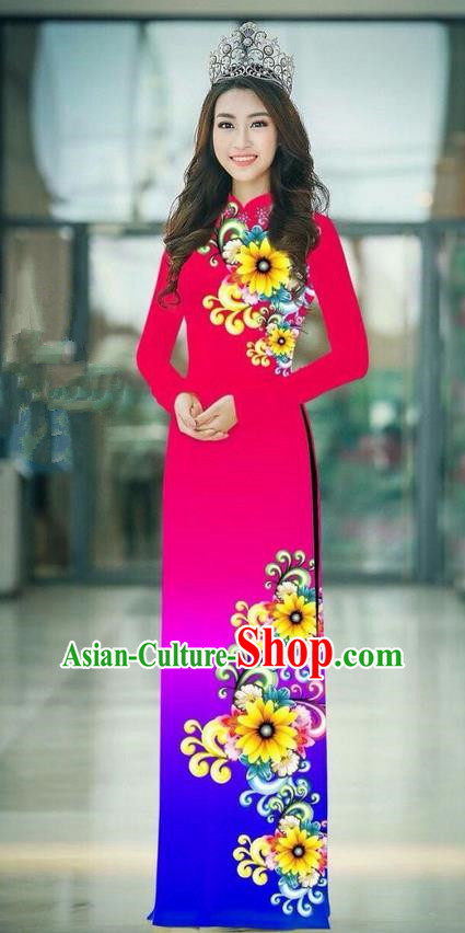 Top Grade Asian Vietnamese Costumes Classical Jing Nationality Printing Handmade Gradient Fuschia Cheongsam, Vietnam National Vietnamese Traditional Princess Ao Dai Dress