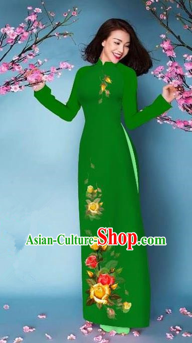 Top Grade Asian Vietnamese Costumes Classical Jing Nationality Printing Handmade Green Cheongsam, Vietnam National Vietnamese Bride Traditional Princess Ao Dai Dress
