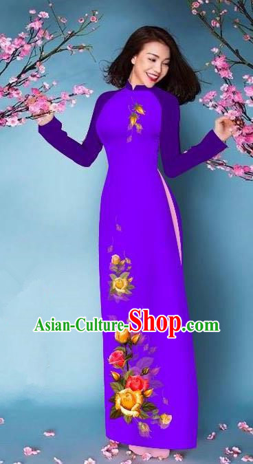 Top Grade Asian Vietnamese Costumes Classical Jing Nationality Printing Handmade Purple Cheongsam, Vietnam National Vietnamese Bride Traditional Princess Ao Dai Dress