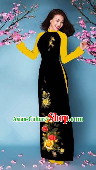 Top Grade Asian Vietnamese Costumes Classical Jing Nationality Printing Handmade Black Cheongsam, Vietnam National Vietnamese Bride Traditional Princess Ao Dai Dress