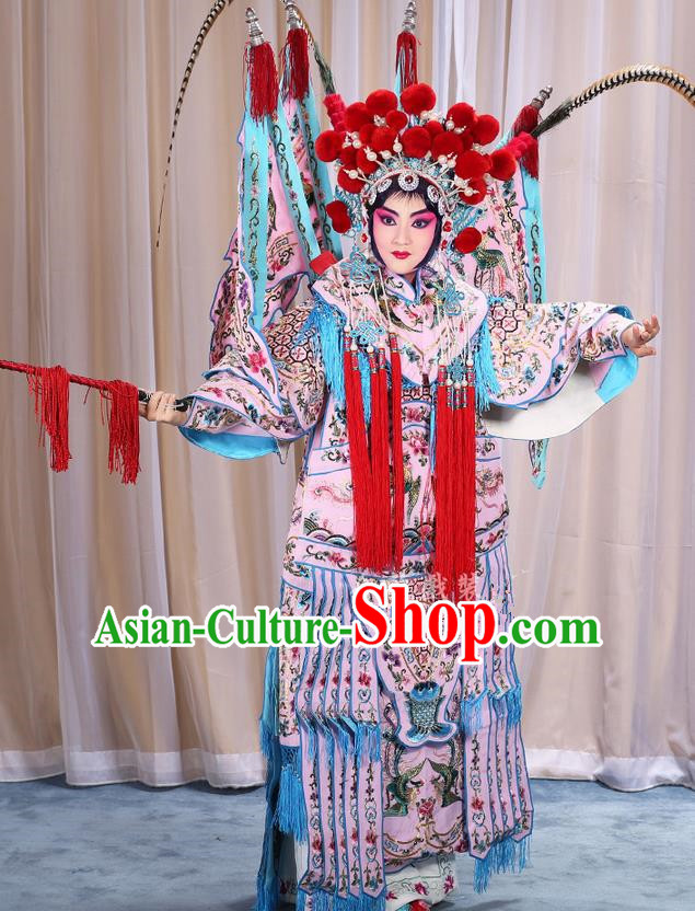 Traditional Chinese Beijing Opera Magic Warriors Pink Clothing and Shoes Complete Set, China Peking Opera Blues Costume Embroidered Robe Opera Costumes