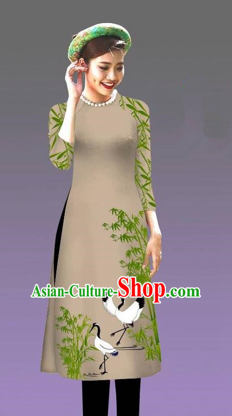 Top Grade Asian Vietnamese Costumes Classical Jing Nationality Crane Pattern Short Cheongsam, Vietnam National Clothing Bride Traditional Grey Ao Dai Dress