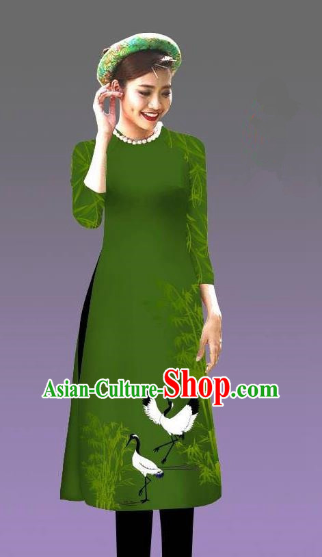Top Grade Asian Vietnamese Costumes Classical Jing Nationality Crane Pattern Short Cheongsam, Vietnam National Clothing Bride Traditional Olive Green Ao Dai Dress