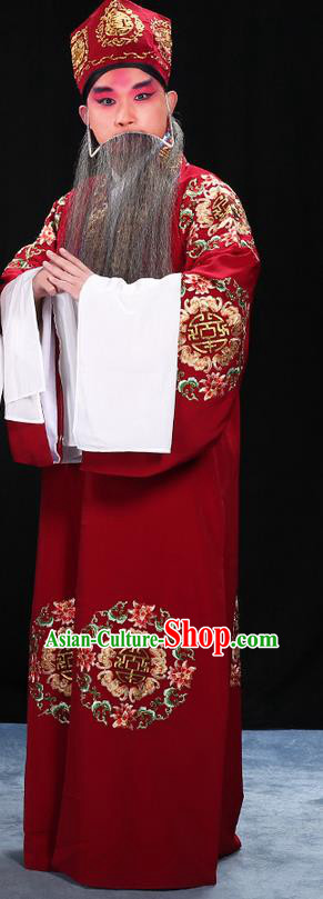 Traditional Chinese Beijing Opera Old Man Clothing and Shoes Complete Set, China Peking Opera Ministry Councillor Costume Embroidered Robe Opera Costumes