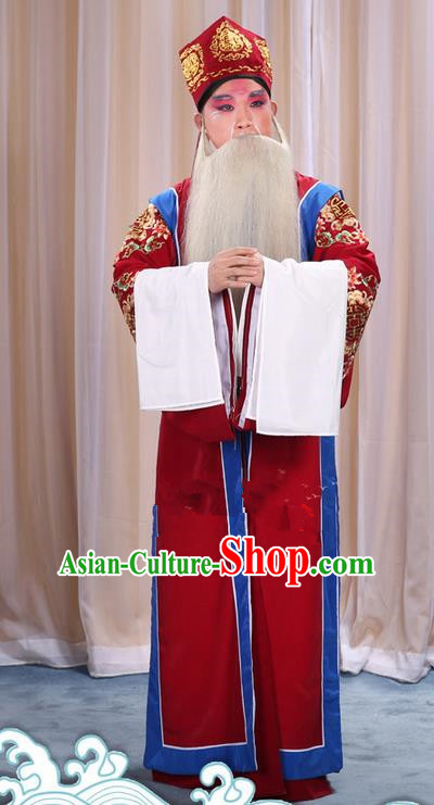 Traditional Chinese Beijing Opera Old Male Red Long Vest and Clothing Complete Set, China Peking Opera Laosheng-role Costume Embroidered Clothing Opera Costumes