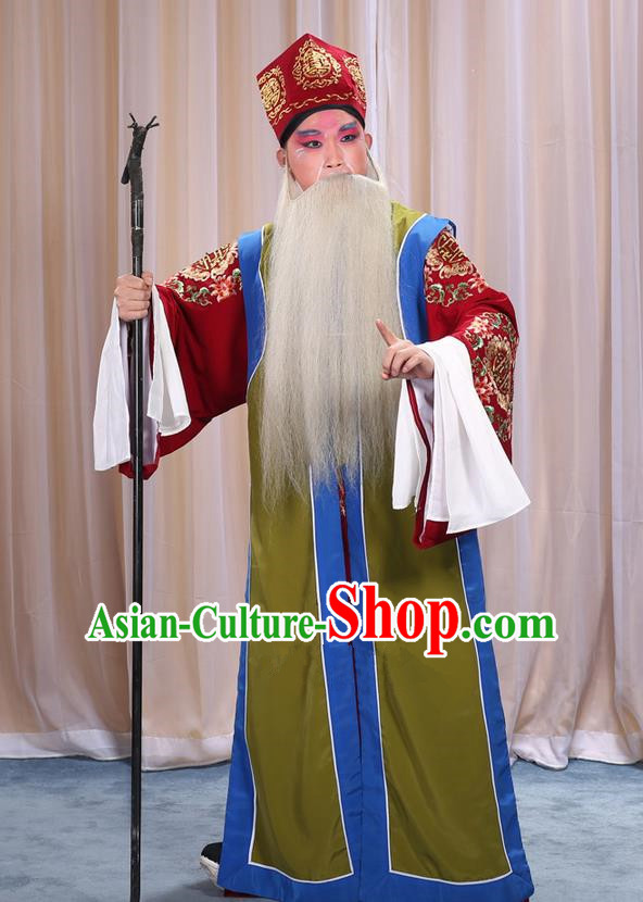 Traditional Chinese Beijing Opera Old Male Green Long Vest and Clothing Complete Set, China Peking Opera Laosheng-role Costume Embroidered Clothing Opera Costumes