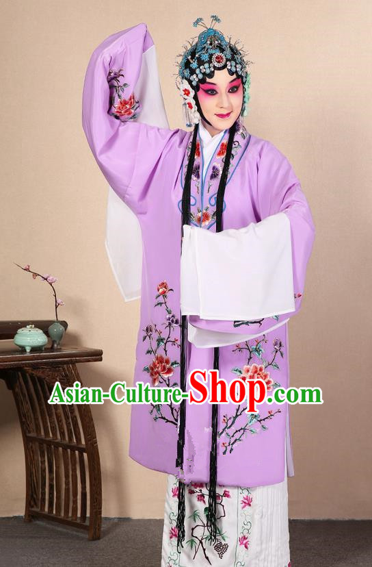 Traditional Chinese Beijing Opera Huangmei Opera Female Purple Clothing and Headwear Complete Set, China Peking Opera Diva Role Hua Tan Costume Embroidered Opera Costumes