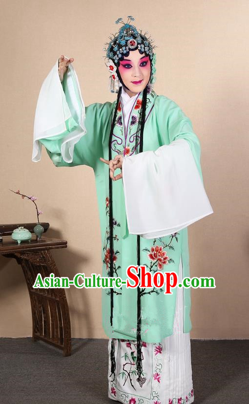 Traditional Chinese Beijing Opera Huangmei Opera Female Green Clothing and Headwear Complete Set, China Peking Opera Diva Role Hua Tan Costume Embroidered Opera Costumes