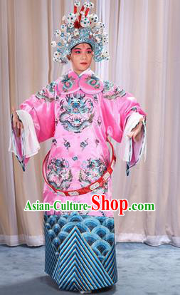 Traditional Chinese Beijing Opera Male Pink Clothing and Belts Complete Set, China Peking Opera His Royal Highness Costume Embroidered Robe Opera Costumes