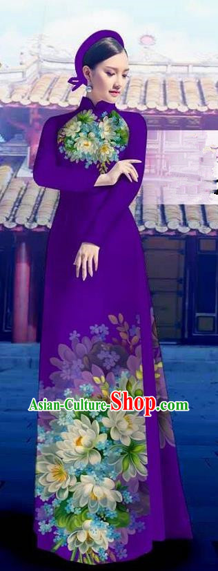Top Grade Asian Vietnamese Costumes Classical Jing Nationality Long Purple Cheongsam, Vietnam National Clothing Vietnamese Bride Traditional Printing Flowers Ao Dai Dress