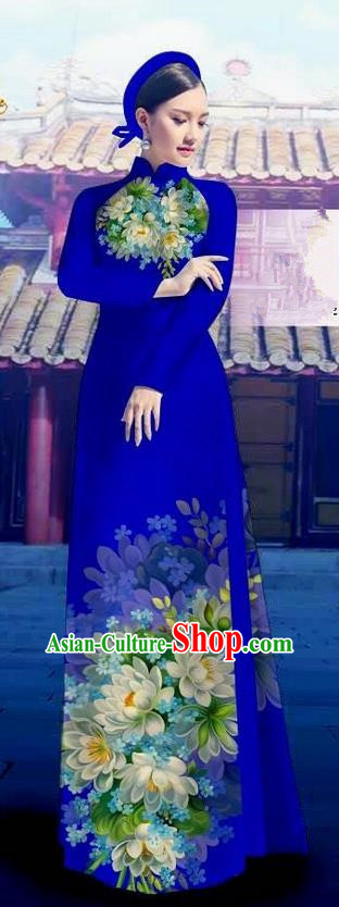 Top Grade Asian Vietnamese Costumes Classical Jing Nationality Long Royalblue Cheongsam, Vietnam National Clothing Vietnamese Bride Traditional Printing Flowers Ao Dai Dress