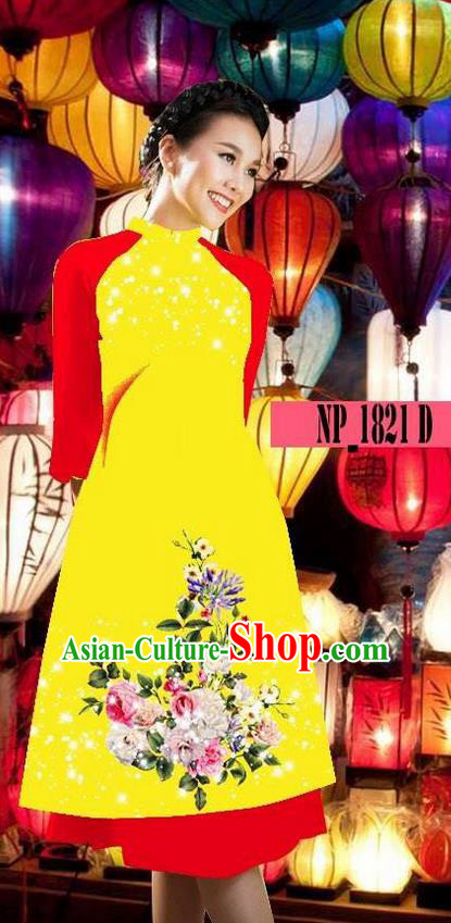 Top Grade Asian Vietnamese Costumes Classical Jing Nationality Yellow Cheongsam, Vietnam National Clothing Vietnamese Bride Traditional Printing Ao Dai Dress