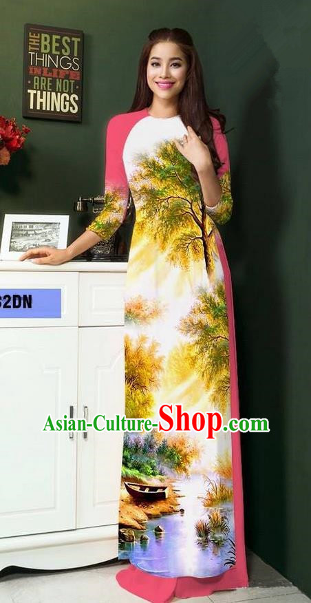 Top Grade Asian Vietnamese Clothing Classical Jing Nationality Handmade Cheongsam, Vietnam National Bride Traditional Printing Pink Ao Dai Dress for Women