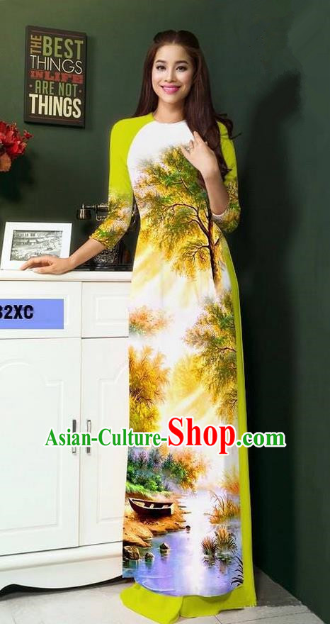 Top Grade Asian Vietnamese Clothing Classical Jing Nationality Handmade Cheongsam, Vietnam National Bride Traditional Printing Green Ao Dai Dress for Women