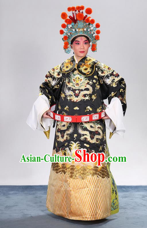 Traditional Chinese Beijing Opera Male Black Clothing and Belts Complete Set, China Peking Opera His Royal Highness Costume Embroidered Robe Dragon robe Opera Costumes
